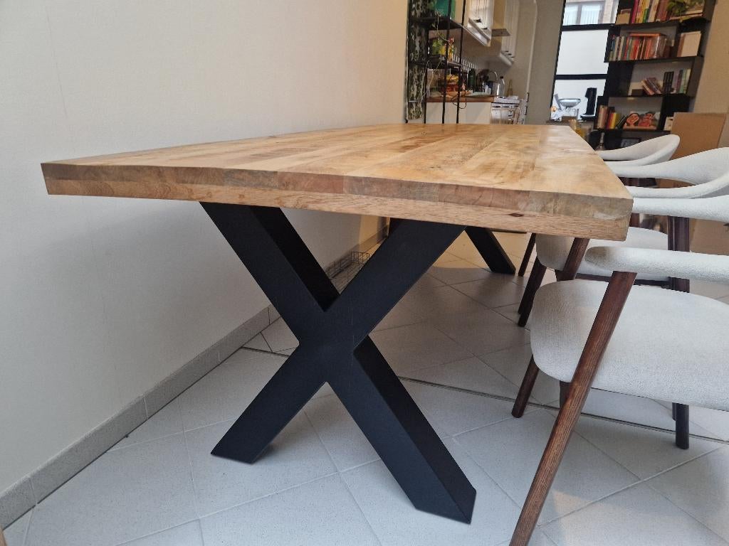 Eettafel Mangohout 220 x 100 x 76 Zwart metalen X-frame, Huis en Inrichting, Tafels | Eettafels, Overige houtsoorten, 100 tot 150 cm