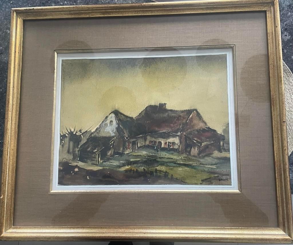 Aquarel Roger Gobron (1899-1985) - hoeve, Antiek en Kunst, Kunst | Schilderijen | Klassiek, Ophalen
