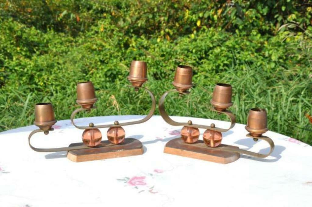 §  paire de bougeoirs art deco bois metal verre rose, Antiquités & Art, Enlèvement ou Envoi, Autres matériaux