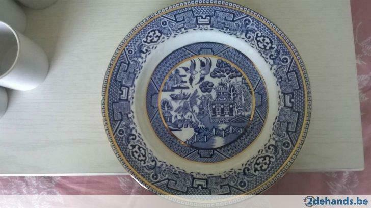 sierbord op steun (blauw-wit-goud) met stempel Old Willow, Antiek en Kunst, Antiek | Keramiek en Aardewerk, Ophalen