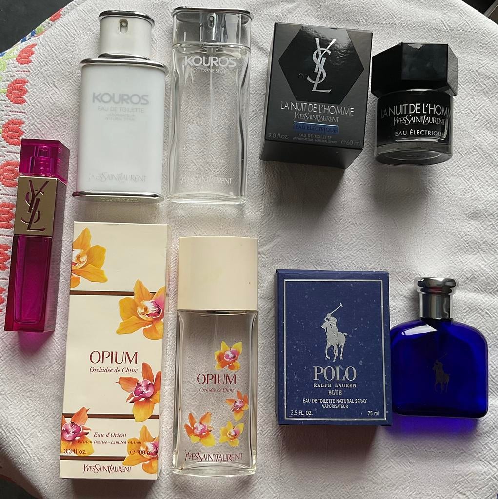 Flacons de parfums vides ( sauf 1 ) …. Yves Saint Laurent, Ophalen, Gebruikt, Gevuld