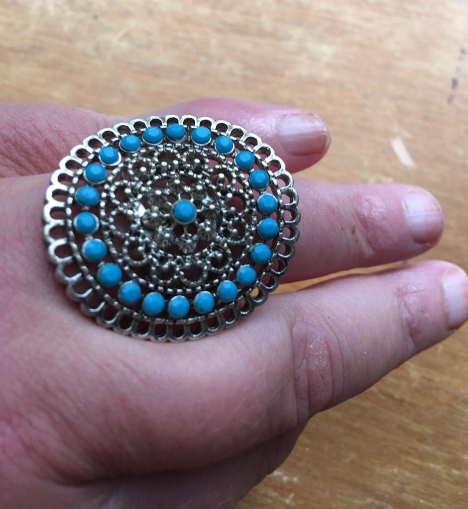 Statement ring zilverkleurig/turquoise, Handtassen en Accessoires, Ophalen of Verzenden, Zo goed als nieuw, Dame of Heer, Zilver