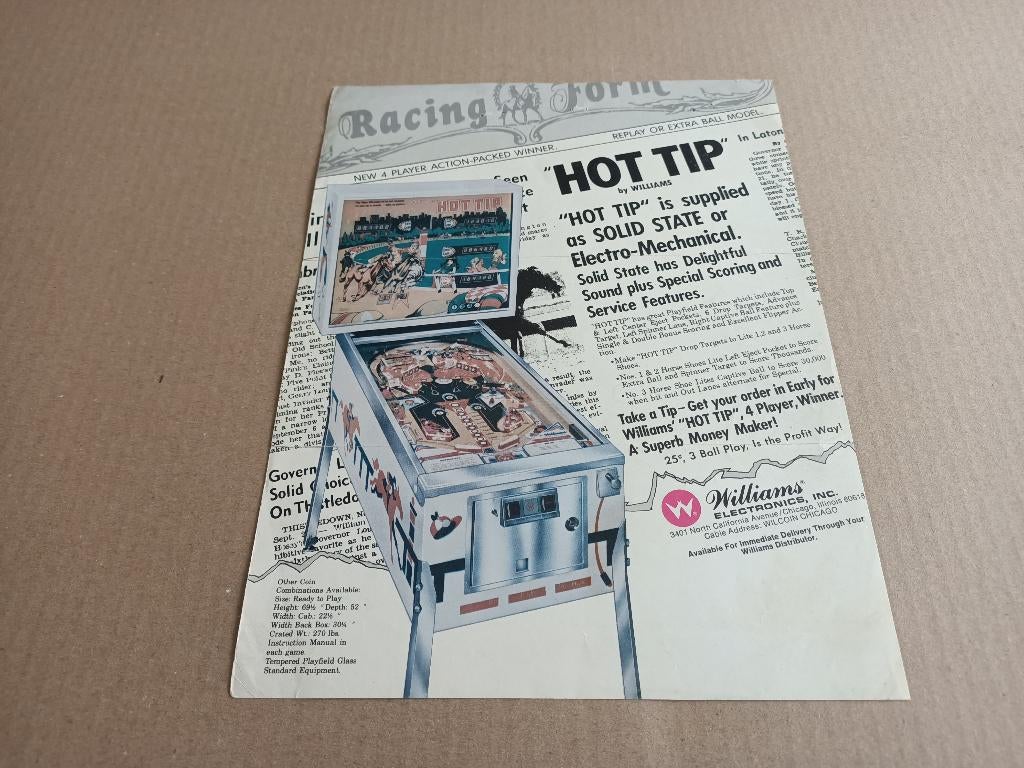Flyer: Williams Hot Tip (1976) Flipperkast, Envoi, Flipper (jeu), Williams