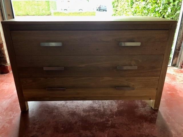 Teak dressoir 3 schuiven, Ophalen, Gebruikt, 100 tot 150 cm, Teakhout