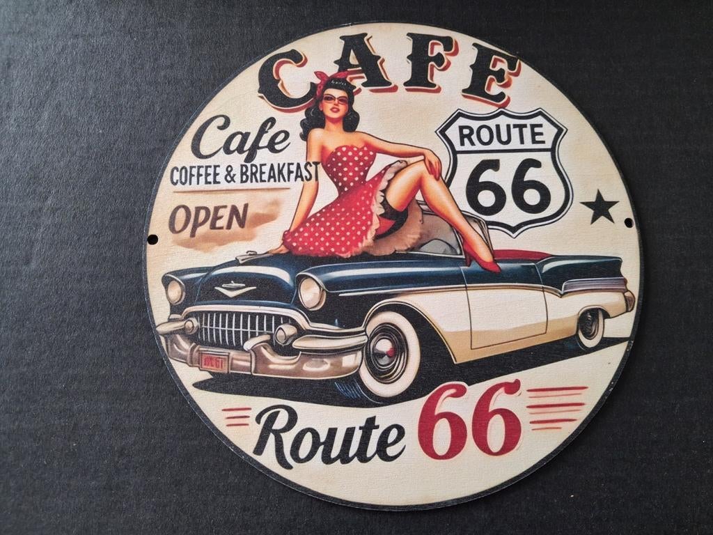 "Route 66" op ronde houten bord 19 X 19 cm Nieuwe staat, Verzamelen, Verzenden, Nieuw, Reclamebord