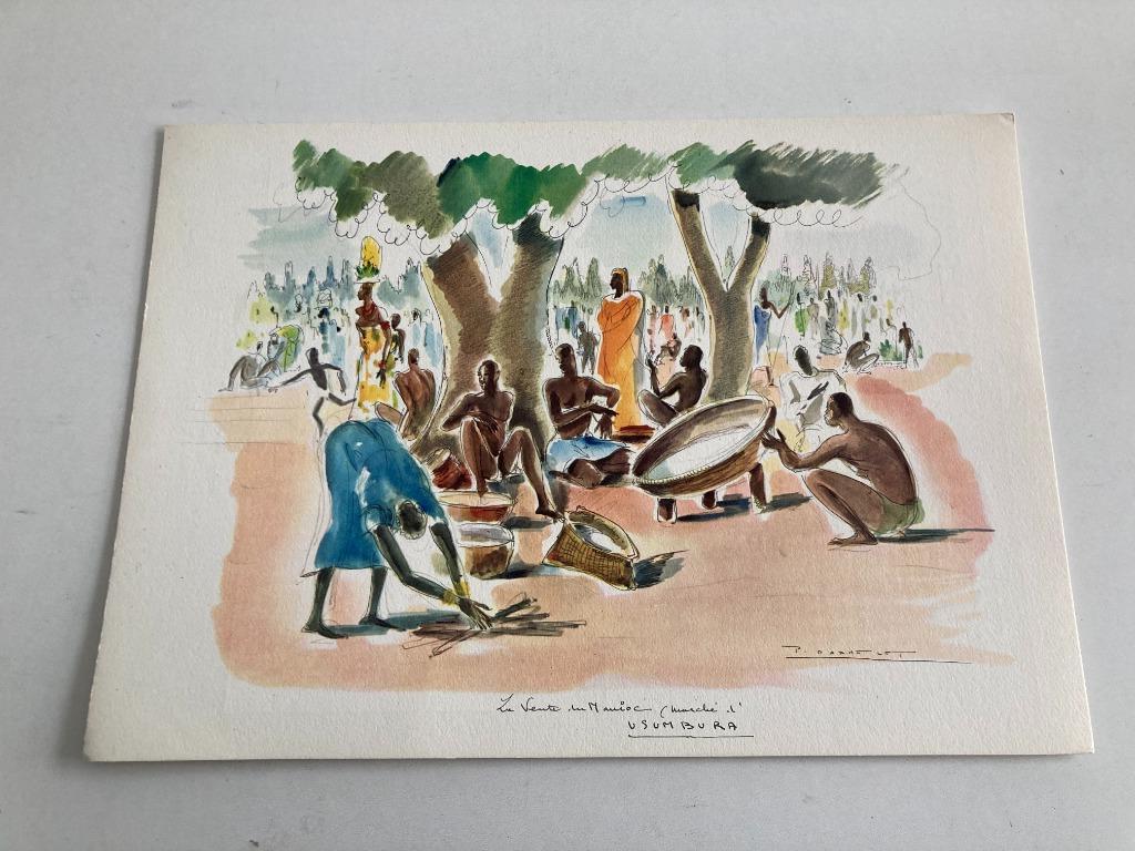 Paul Daxhelet : Afrikaanse prent Usumbura (markt)RIT Genval, Verzamelen, Foto's en Prenten, Zo goed als nieuw, Prent, Buitenland