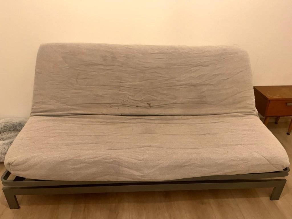 Grijs Futon 192x130 cm, Ophalen, Gebruikt, Tweepersoons, Rechte bank