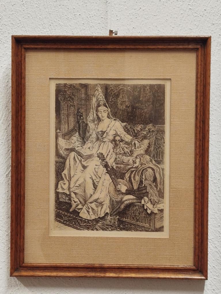 Mooie Ets in kader“Muziekuur” - Willem Geets in kader - 1892, Antiek en Kunst, Ophalen of Verzenden
