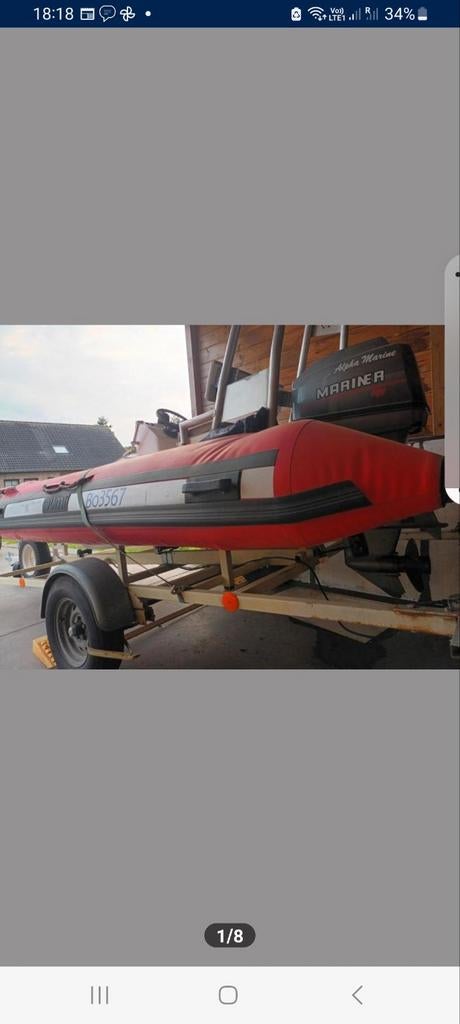 Knappe rode snelle rib met Mariner BB 50Pk op trailer, Ophalen of Verzenden, Gebruikt