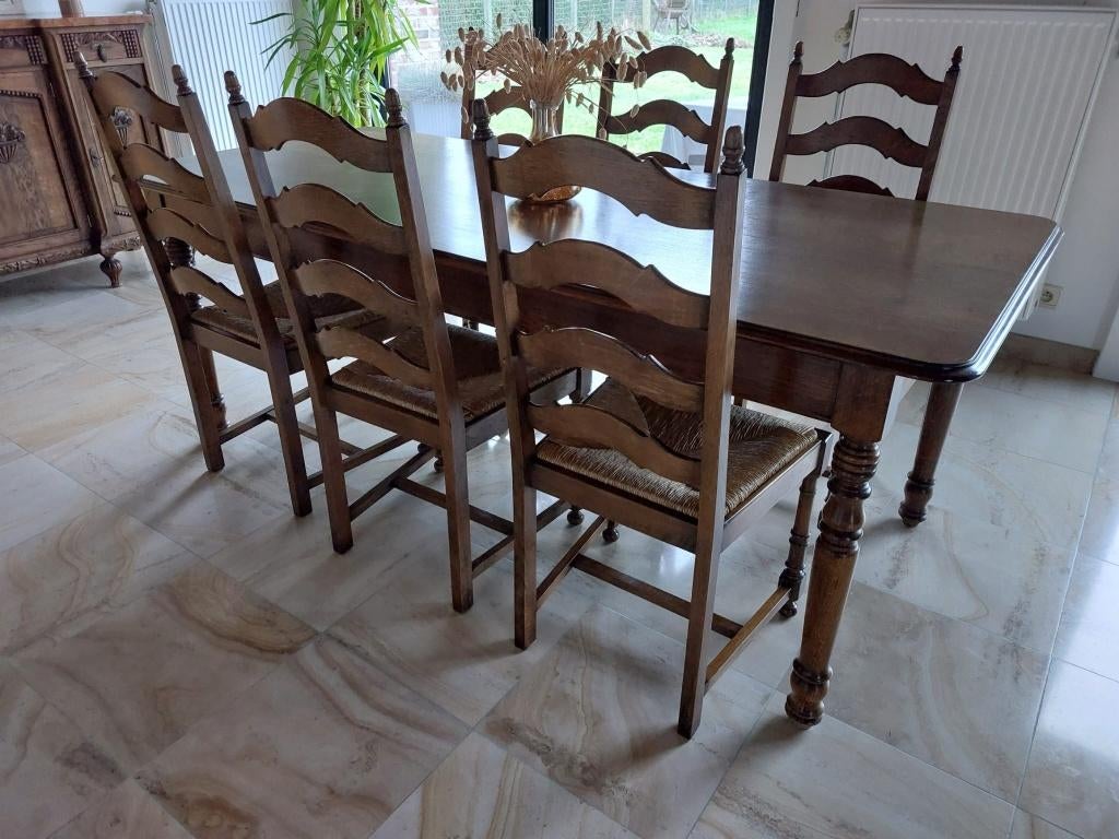 eettafel 6 personen en 6 stoelen, Ophalen, Eikenhout, 200 cm of meer, 50 tot 100 cm