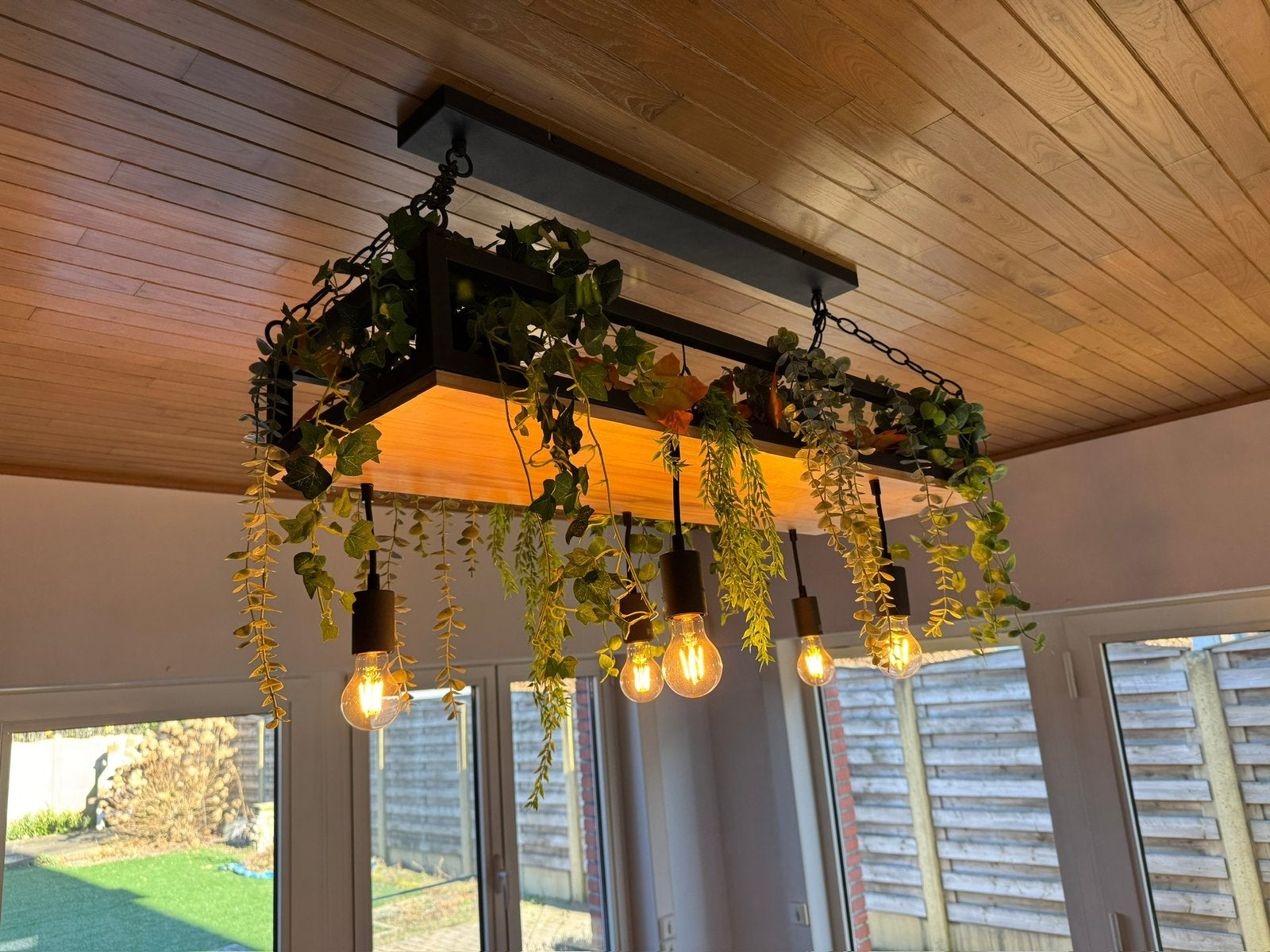 Luster metaal/hout, Huis en Inrichting, Lampen | Kroonluchters, Ophalen, Zo goed als nieuw, Hout, Industriëel