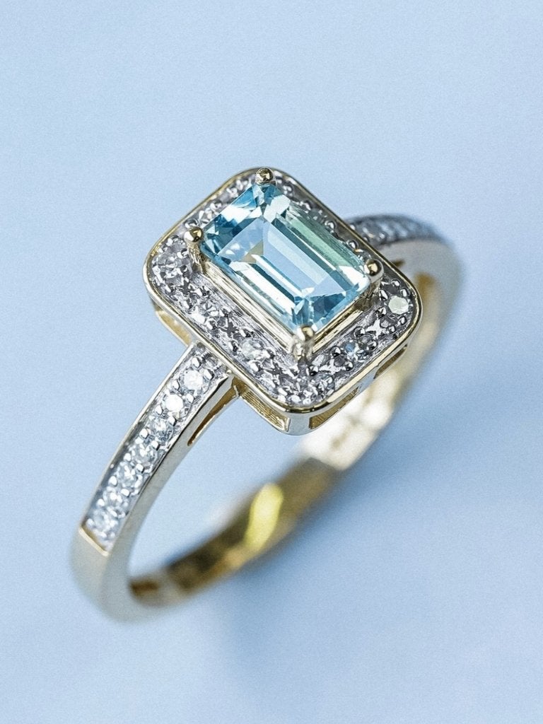 Ring - Menina Amelie 14K Aquamarijn & Diamant Cluster, Ophalen, Zo goed als nieuw, 17 tot 18, Met edelsteen