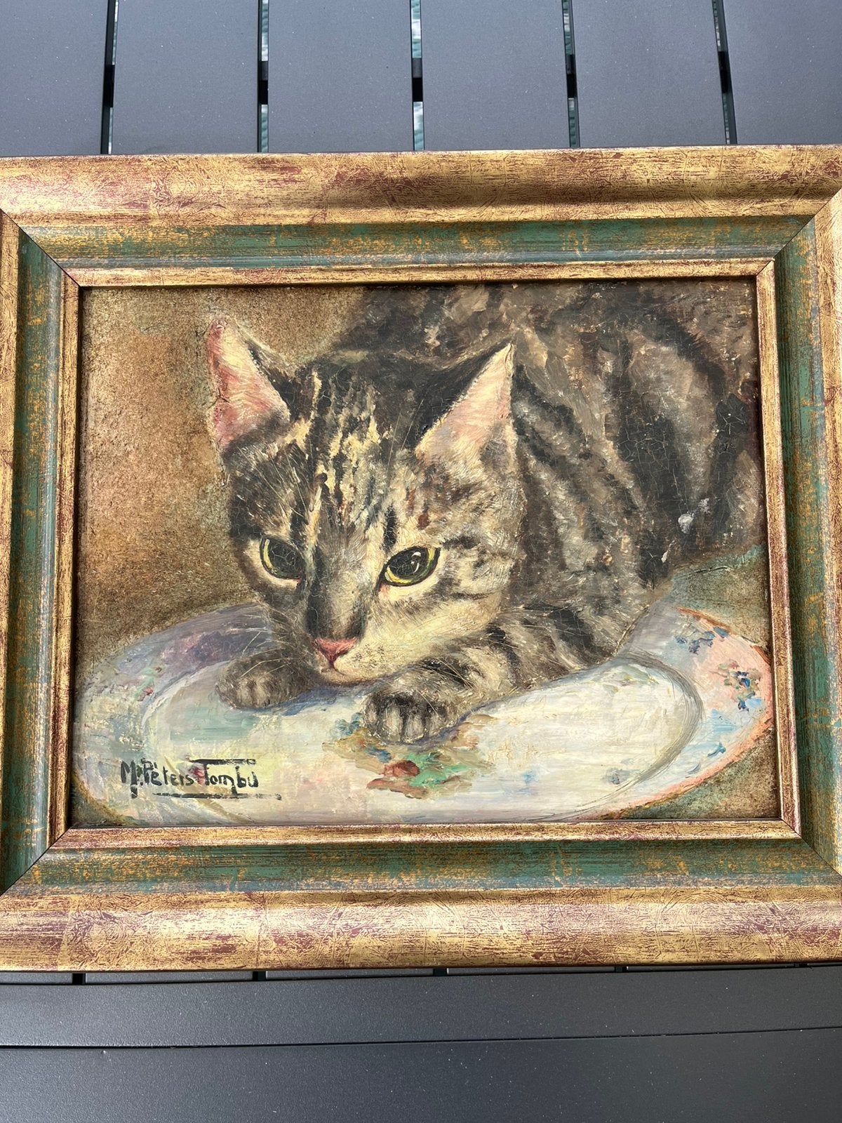 Huile sur toile , chat au bol, Enlèvement, Réaliste, Toile