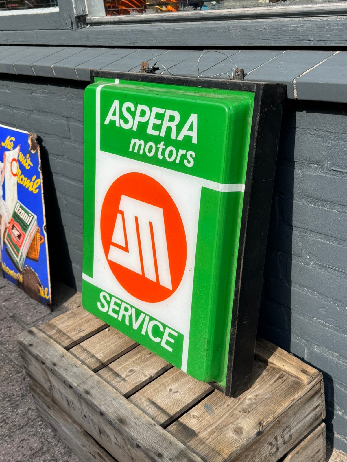 Aspera Motors 4T oude reclame lichtbak, Verzamelen, Ophalen, Gebruikt, ., Lichtbak of (neon) lamp