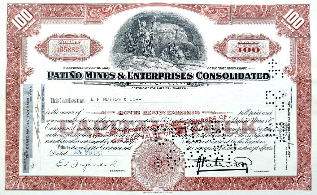 Patino Mines & Enterprises Consolidated 1957, Timbres & Monnaies, Enlèvement ou Envoi, 1950 à 1970, Certificat d'action