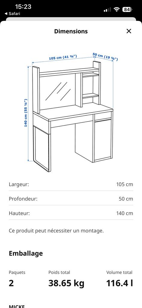 Haut de bureau micke ikea blanc, Enlèvement, Comme neuf