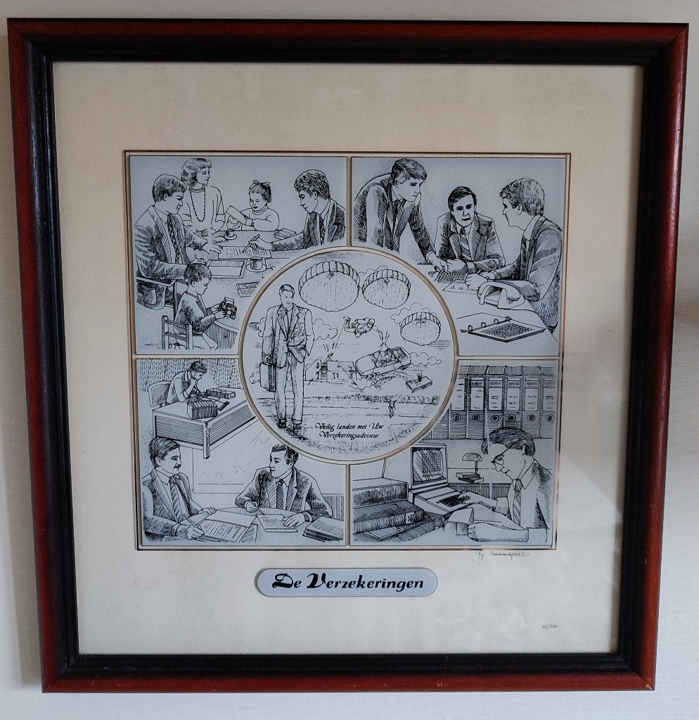De verzekeringen. Gesigneerde glasgravure Gerald Swaenepoel, Antiek en Kunst, Dagelijks leven, 43 cm, Genummerd, Gravure