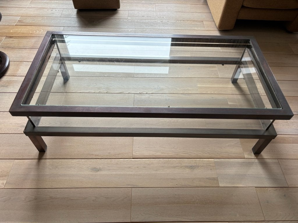 salontafel — glas & metaal, twee niveaus, ca. 130x65x40cm, Huis en Inrichting, Tafels | Salontafels, Gebruikt, 5 – 50, 50 tot 100 cm
