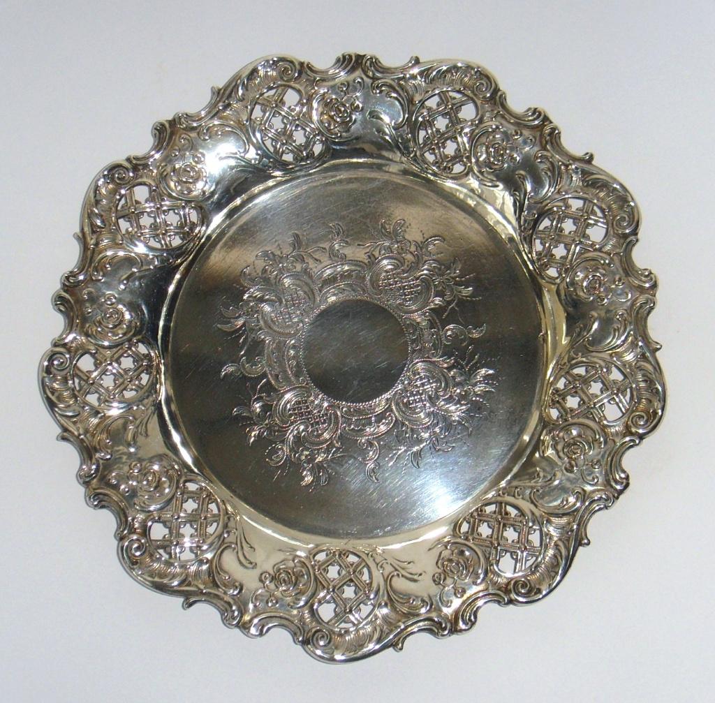 Antiek zilveren ajourbewerkte schaal/flessenhouder Duitsland, Antiek en Kunst, Antiek | Zilver en Goud, Ophalen of Verzenden, Zilver