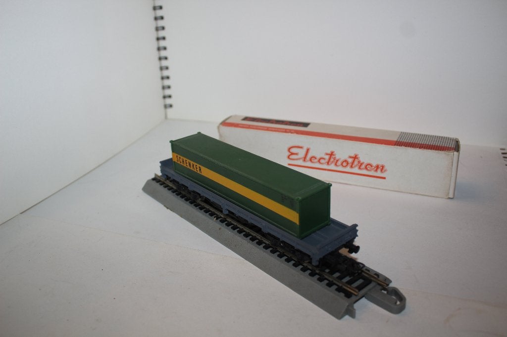 electrotren ho wagon plat double essieux + container shenker, Autres marques, Enlèvement ou Envoi, Wagon, Courant continu