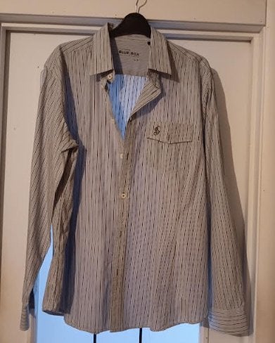 Chemise blanc bleu brun lignée L, Ophalen of Verzenden, Gedragen, Blauw, Halswijdte 41/42 (L)
