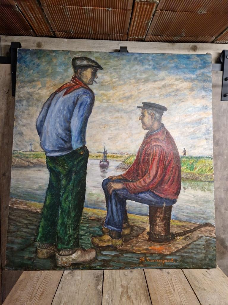 Olie op doek  Vissers aan de Haven Nieuwpoort "Gesigneerd", Antiek en Kunst, Ophalen
