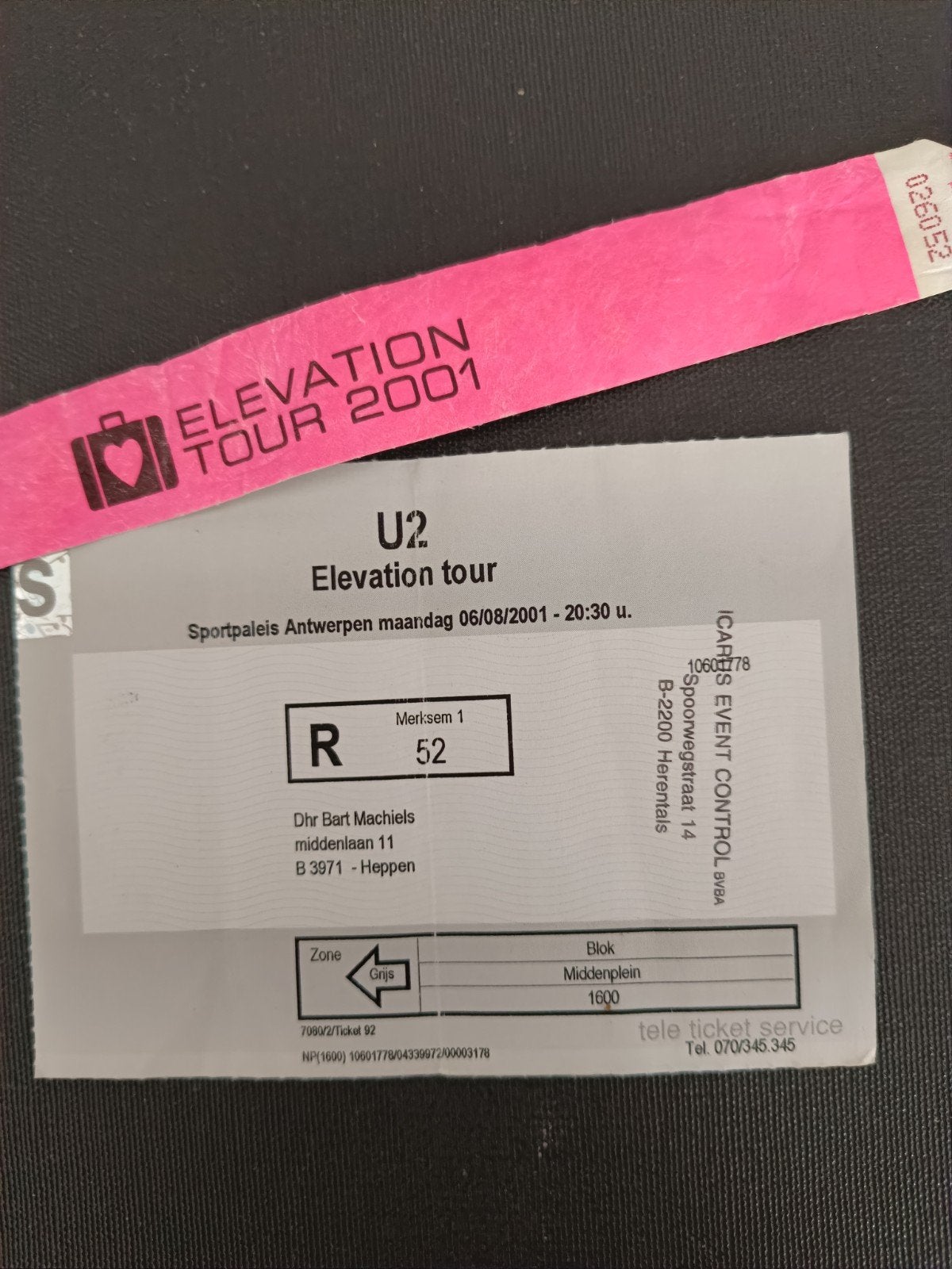 U2 2001 inkomticket en polsbandje, Verzamelen, Ophalen of Verzenden