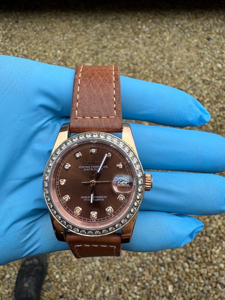 Seiko Datejust modded ~ Rose Gold, Seiko, Staal, Polshorloge, Ophalen of Verzenden