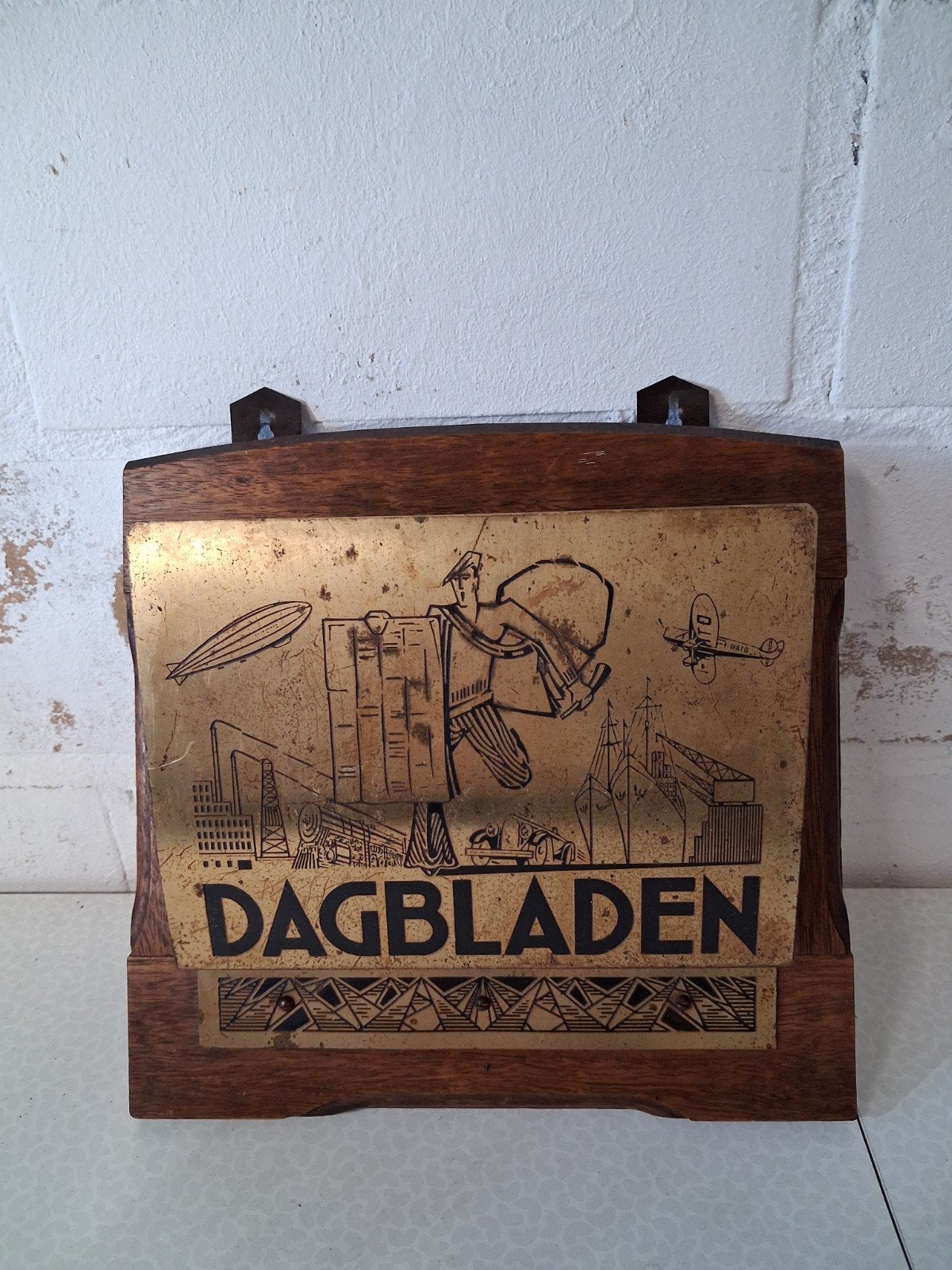 vintage dagbladhouder messing/hout, Ophalen of Verzenden