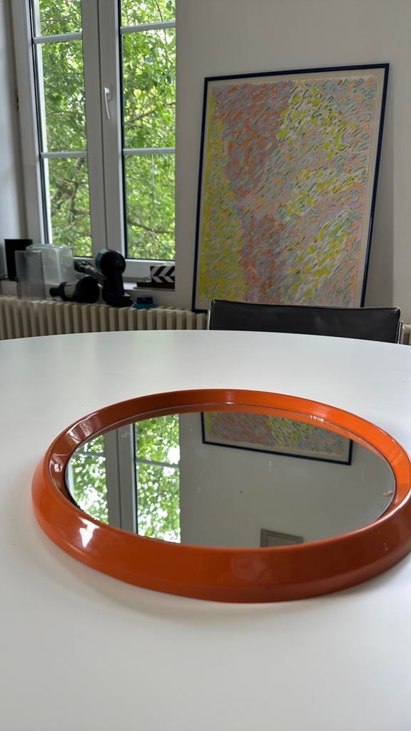Vintage Italiaanse Space Age spiegel – oranje – jaren 70, Huis en Inrichting, Woonaccessoires | Spiegels, Gebruikt, Ophalen