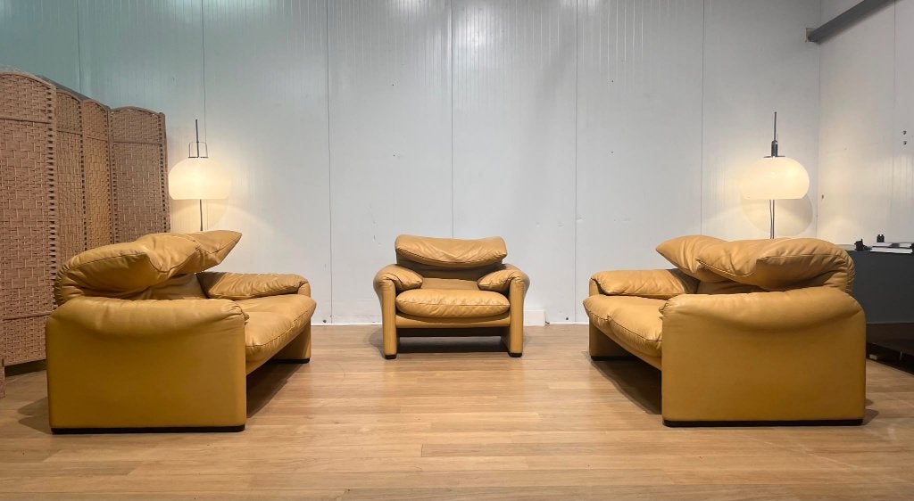 Cassina Maralunga Leer Set 2x 2-Zits + Fauteuil Nieuwstaat, 150 tot 200 cm, Tweepersoons, Ophalen of Verzenden, Zo goed als nieuw
