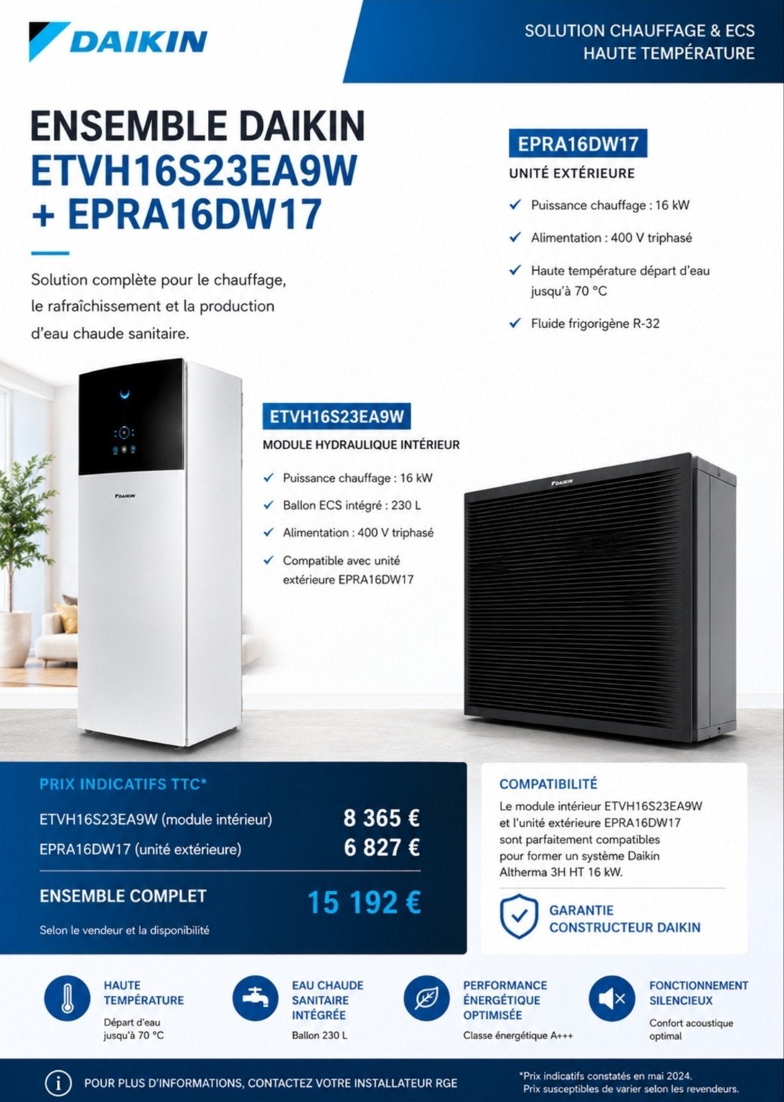 Pompe à chaleur air-eau Daikin Altherma 16kw triphasé neuf, Enlèvement