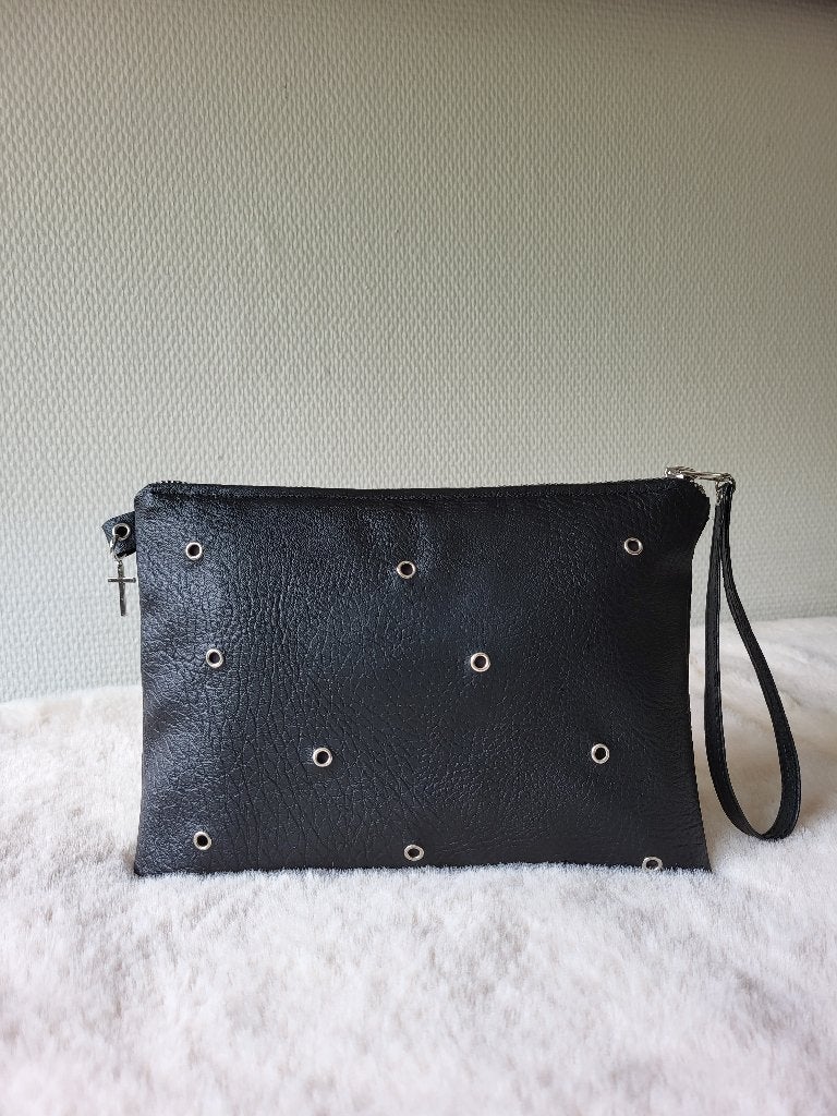 Zwarte handgemaakte dames handtas clutch met polsband, Verzenden, Nieuw, Zwart, Handtas