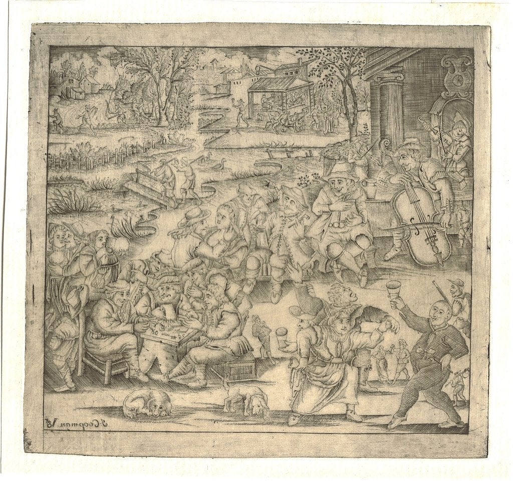 J. Coopman ets "Tuinfeest", 20e eeuwse druk met plaattoon, Enlèvement, Vie quotidienne, Eau-forte, 1900 - 1949