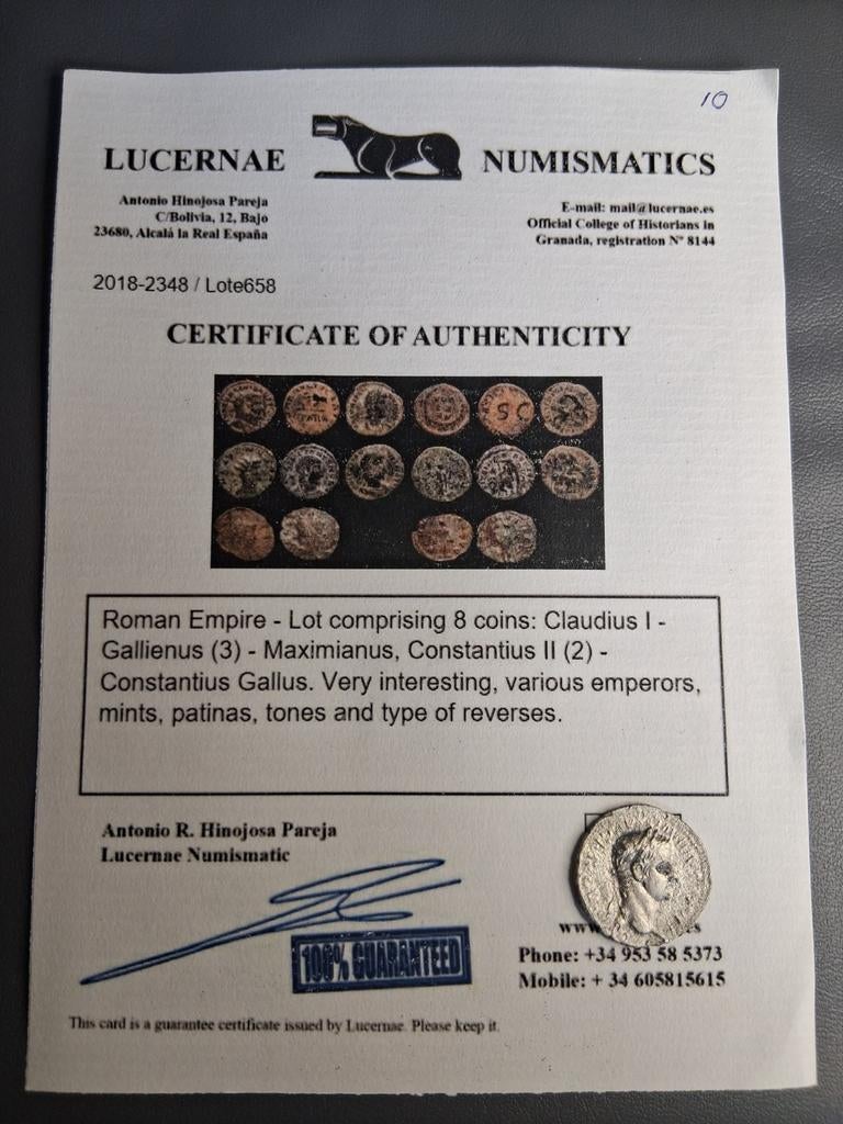 Lot 10 van 8 romeinse keizers met certificaat, Ophalen of Verzenden