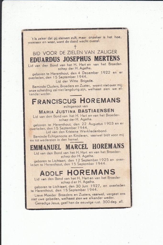 Slachtoffer WO II - Herenthout - executie Duitsers 1944, Verzamelen, Verzenden, Bidprentje
