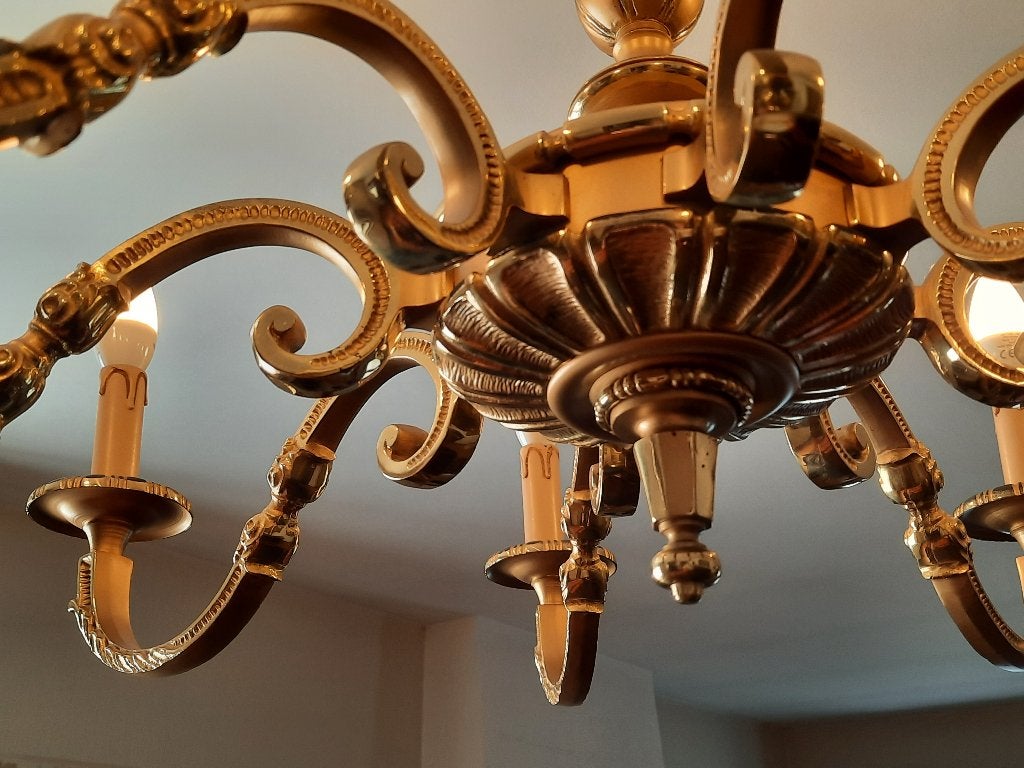 grote messing kroonluchter / 8 armen, Huis en Inrichting, Lampen | Kroonluchters, Ophalen, Zo goed als nieuw, Klassiek / vintage /