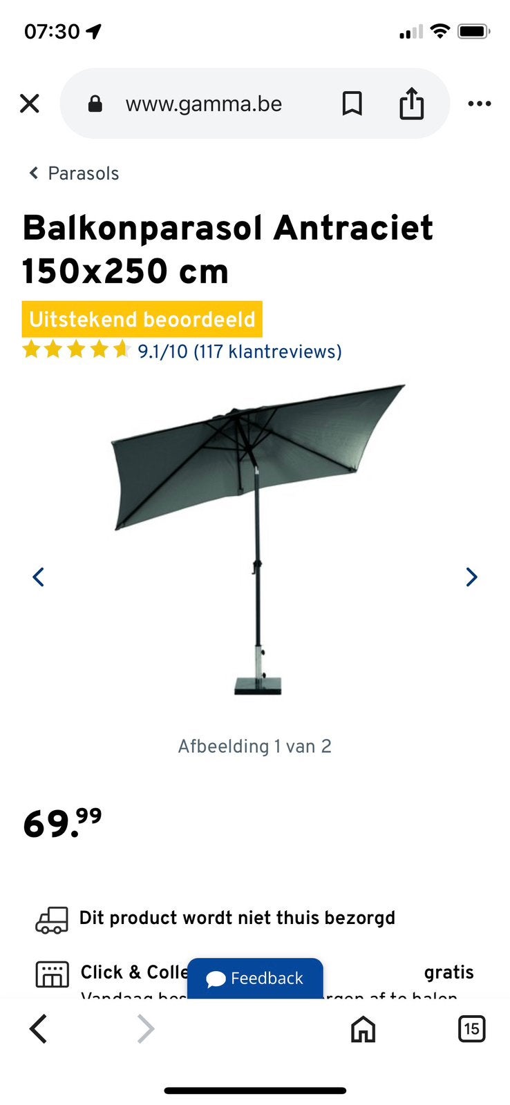 Te Koop parasol zwart  rechthoekig 1,5 op 2,5 cm kantelbaar, Tuin en Terras, Ophalen, Zo goed als nieuw, Kantelbaar