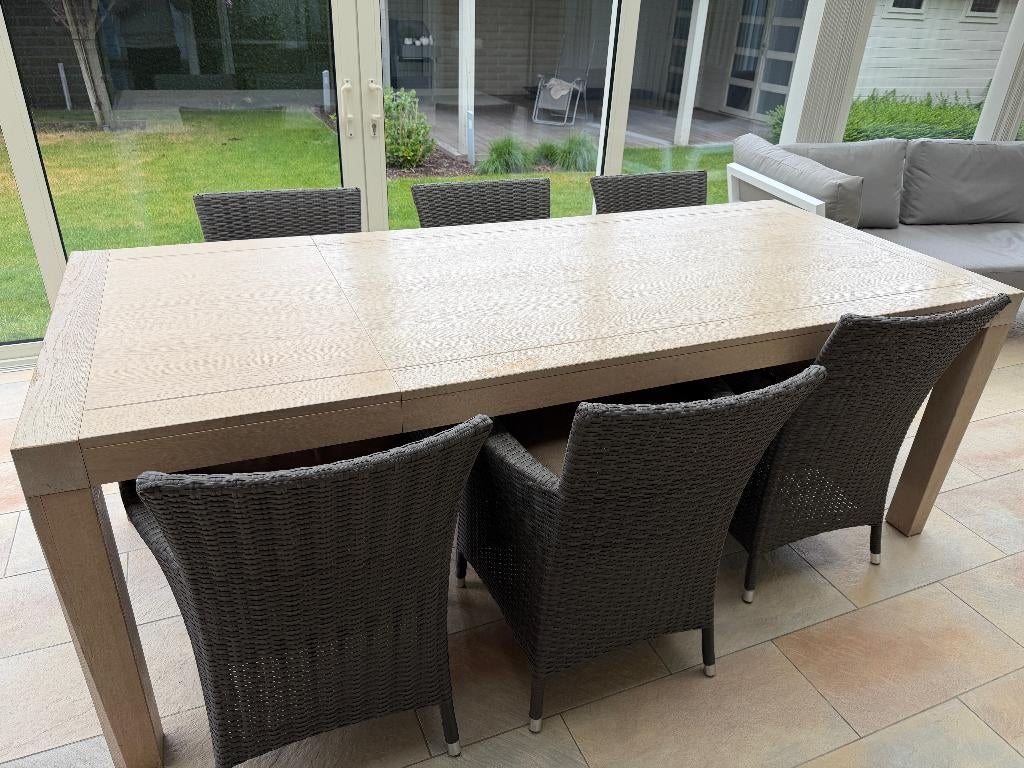 Verlengbare Eiken tafel met 6 wikker stoelen / Zetels, Ophalen