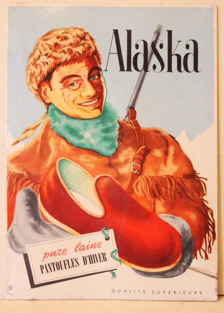 Vintage Reclamebord Alaska / Pantoufles d'Hiver / Pure Laine, Enlèvement ou Envoi, Comme neuf, Panneau publicitaire
