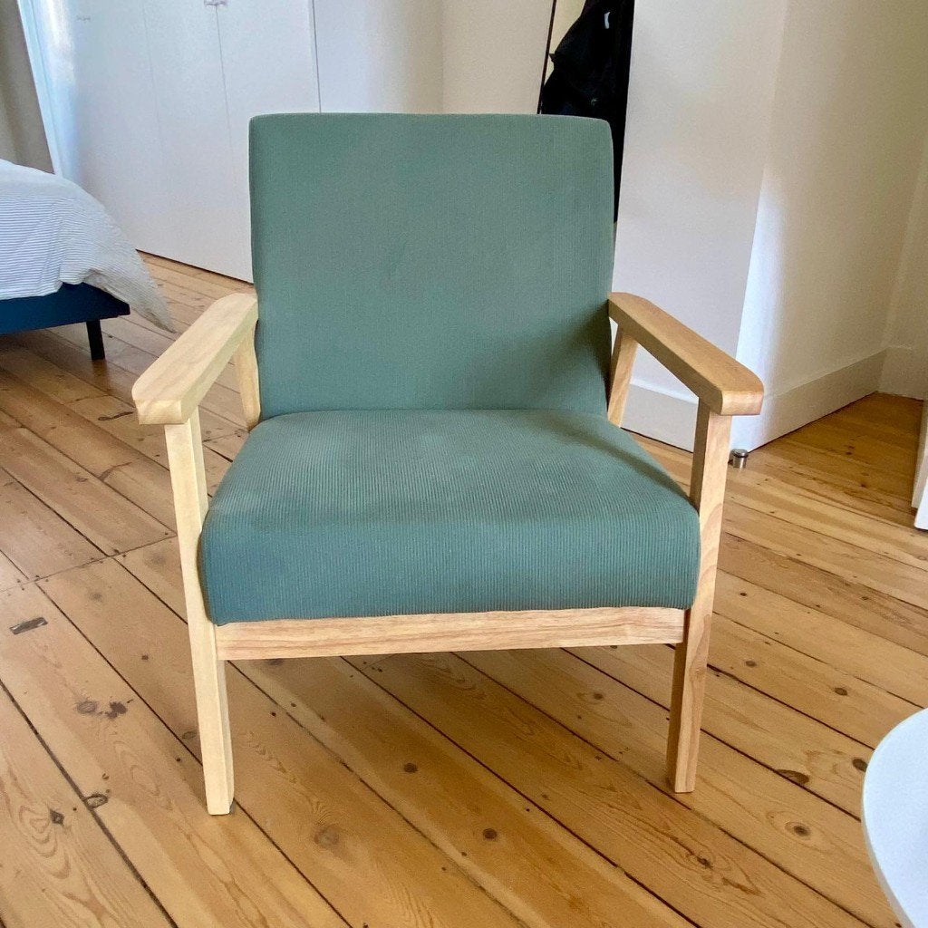 Fauteuil scandinave bois de peuplier d'hévéa velours côtelé, Moins de 75 cm, Design scandinave, Comme neuf, Enlèvement