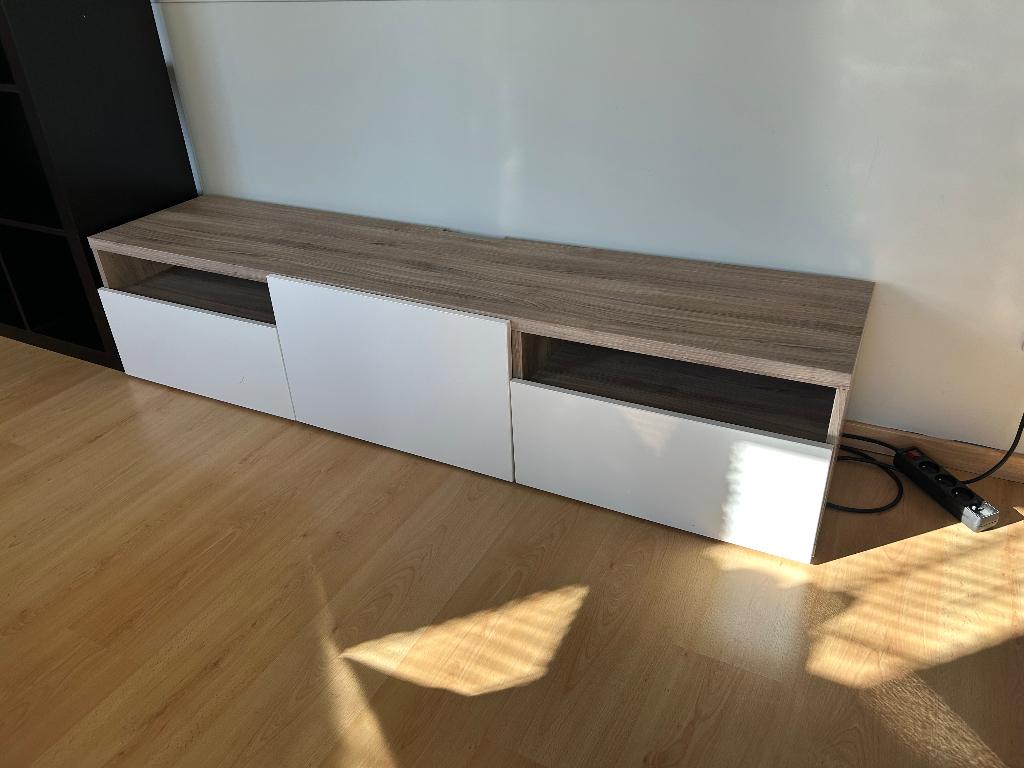 Ikea tv meubel Besta (hoogglans wit met hout), Ophalen, Gebruikt, Overige materialen, 150 tot 200 cm