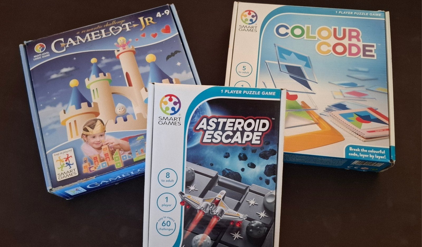 Combi van 3 Smart Games: Camelot+Asteroid Escape+Colour Code, Hobby en Vrije tijd, Een of twee spelers, Ophalen, Zo goed als nieuw