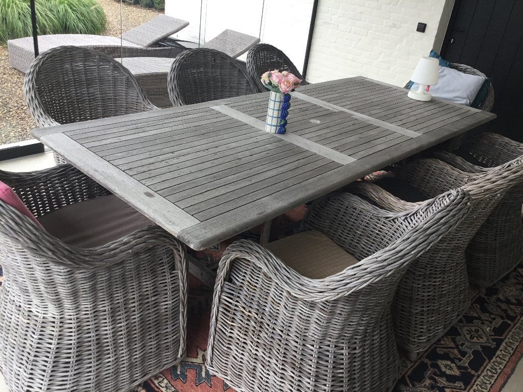 Teakhouten tafel en 8 stoelen, Ophalen, Teakhout, Tuinset, Eettafel