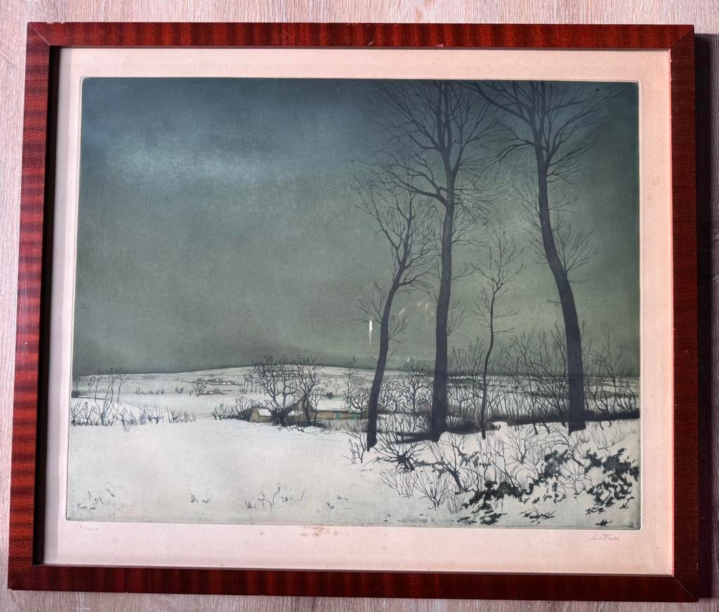 Kleurenets winterlandschap "Pleine neige" - Leo Piron (1940), Antiek en Kunst, Kunst | Etsen en Gravures, Ophalen