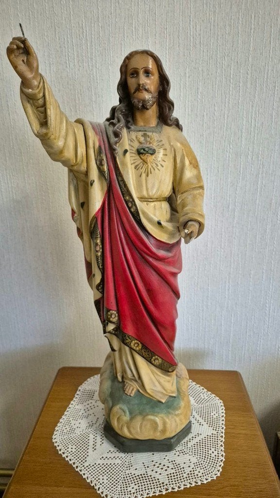 Antiek Gipsen Beeld – Heilig Hart van Jezus op Wolkenvoet, Antiek en Kunst, Ophalen