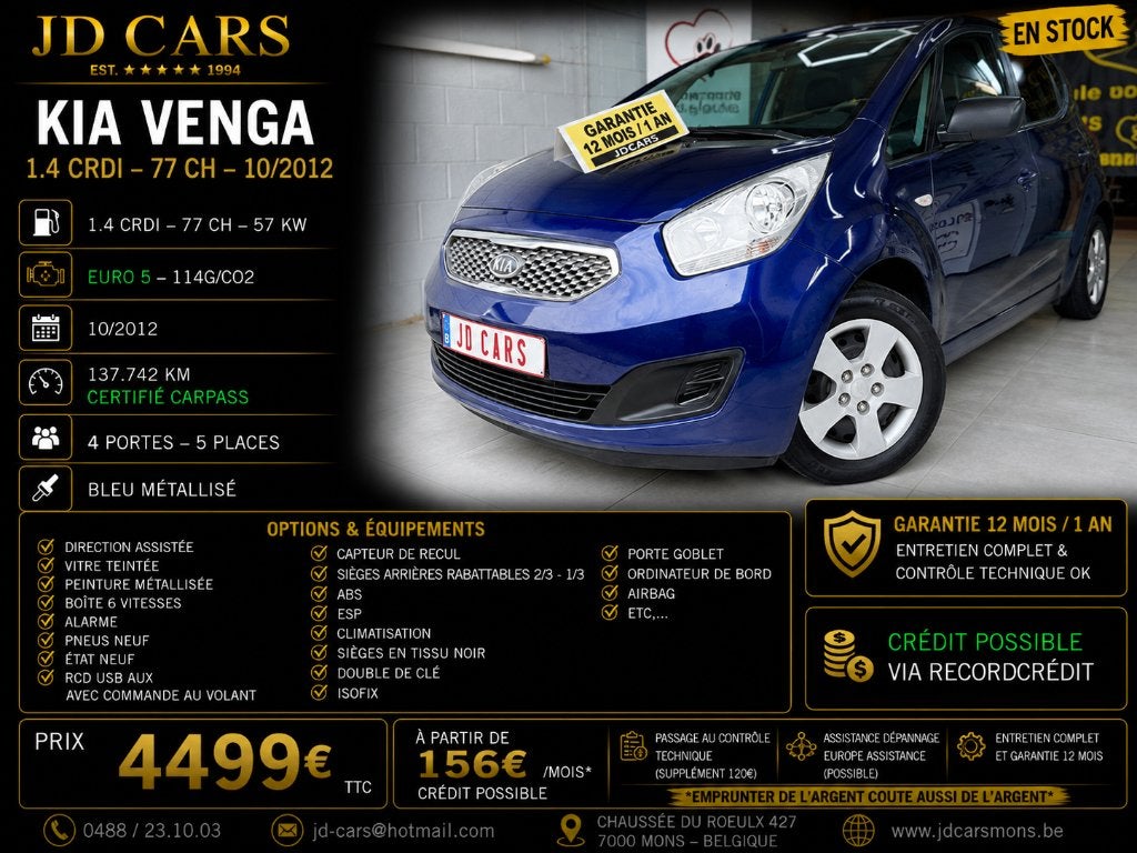 KIA VENGA 1.4 CRDI ECODYNAMICS ‼️GARANTIE 1 AN CTOK‼️, Autos, Kia, Entreprise, Achat, Venga, ABS, Airbags, Air conditionné, Alarme
