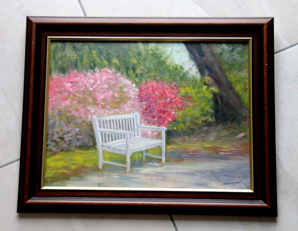 schilderij olieverf bloemen park bank + mooie kader, Enlèvement ou Envoi, Peinture à l'huile, Fleurs
