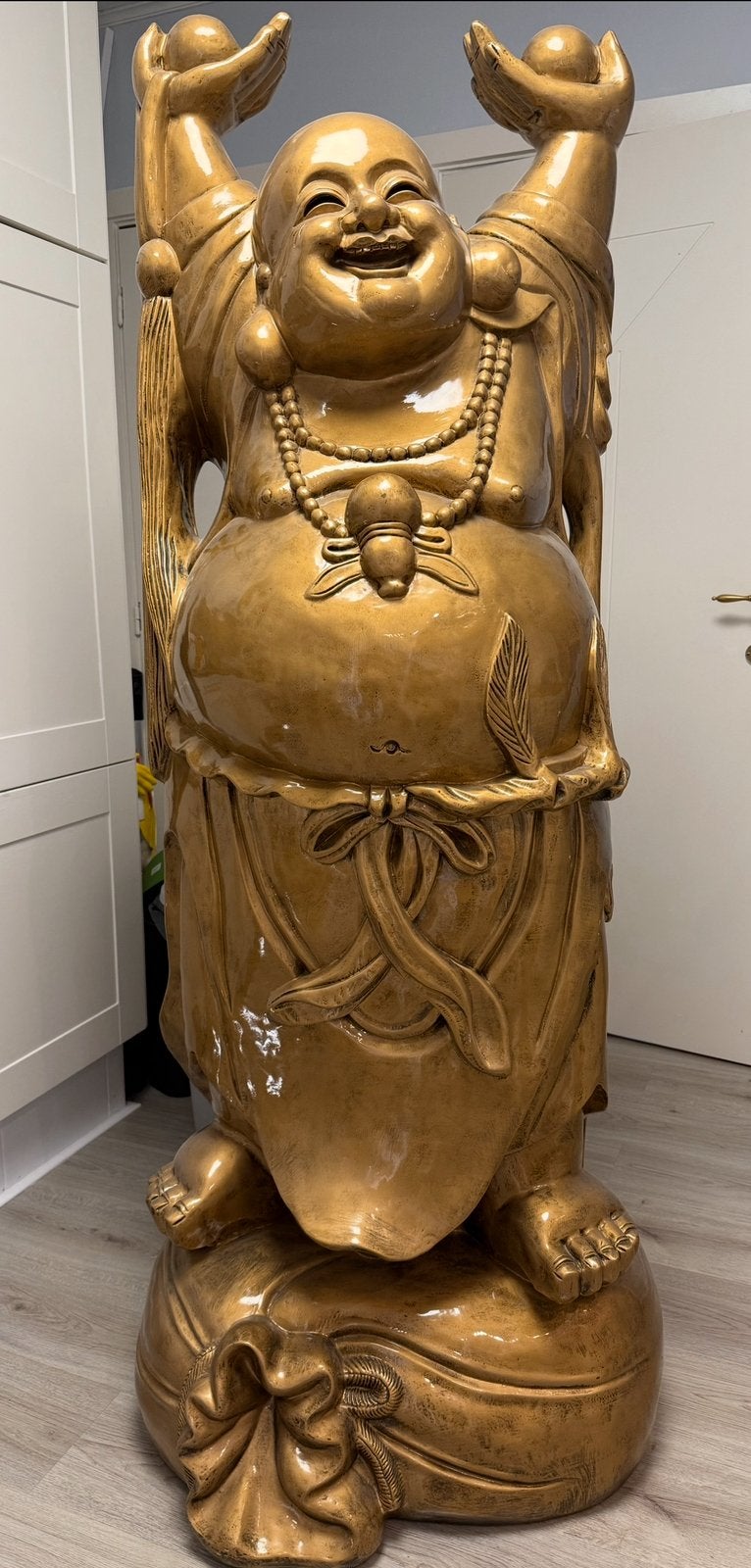 XL Lachende Boeddha 180cm Goudkleurig Binnen & Buiten Uniek, Ophalen, Zo goed als nieuw