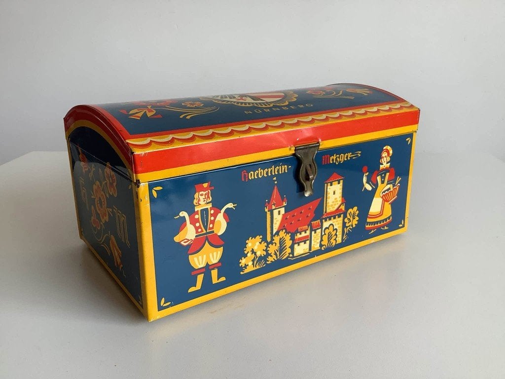 Boîte à biscuits publicitaire vintage de Haeberlein Metzger, Collections, Boîte en métal, Enlèvement, Utilisé, Biscuits, Autres marques